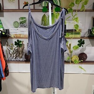 a.n.a Blue and White Striped Cold-Shoulder top. 3 X. Ptp is 28.